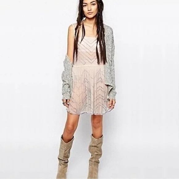 Free People Embellished Slip Mesh Beaded Dress Sz S - Picture 1 of 13